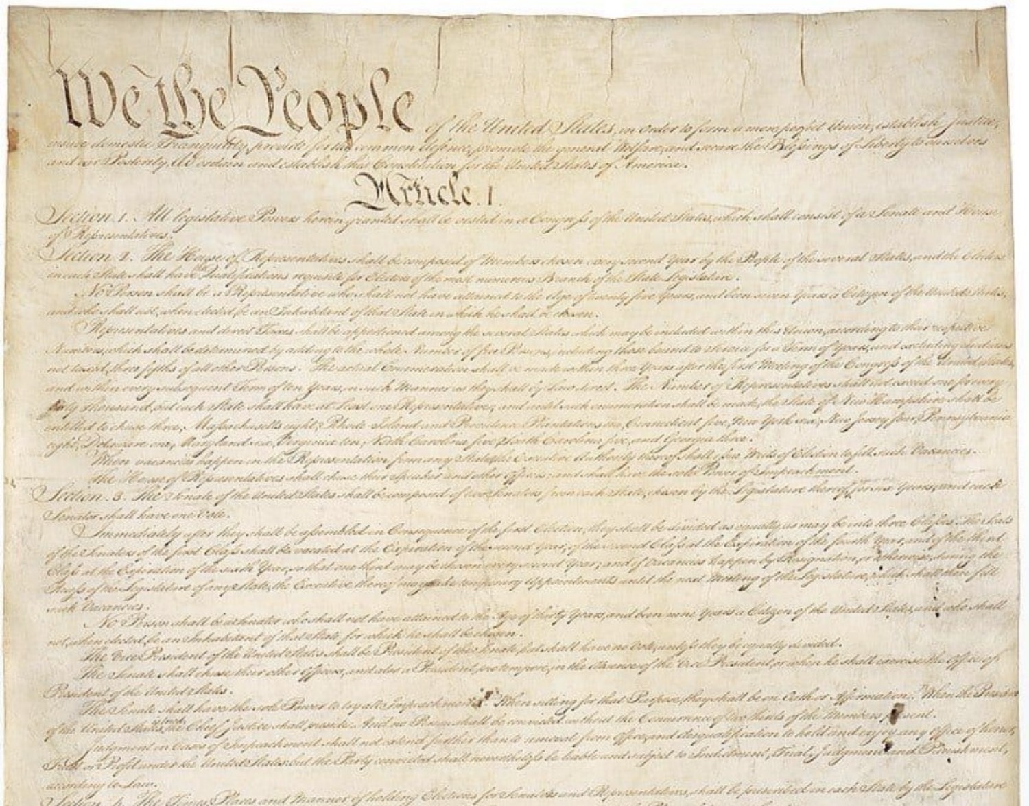The opening of the United States Constitution, beginning We the People